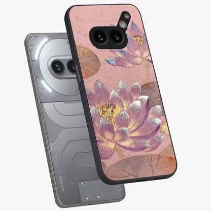 Blossom Mist Lotus Glass Case displayed in angled mockup highlighting delicate lotus illustration with calm aesthetic theme.