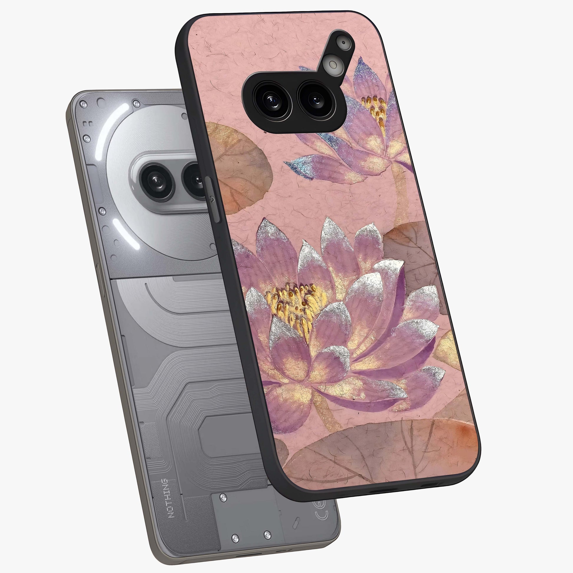Blossom Mist Lotus Glass Case displayed in angled mockup highlighting delicate lotus illustration with calm aesthetic theme.