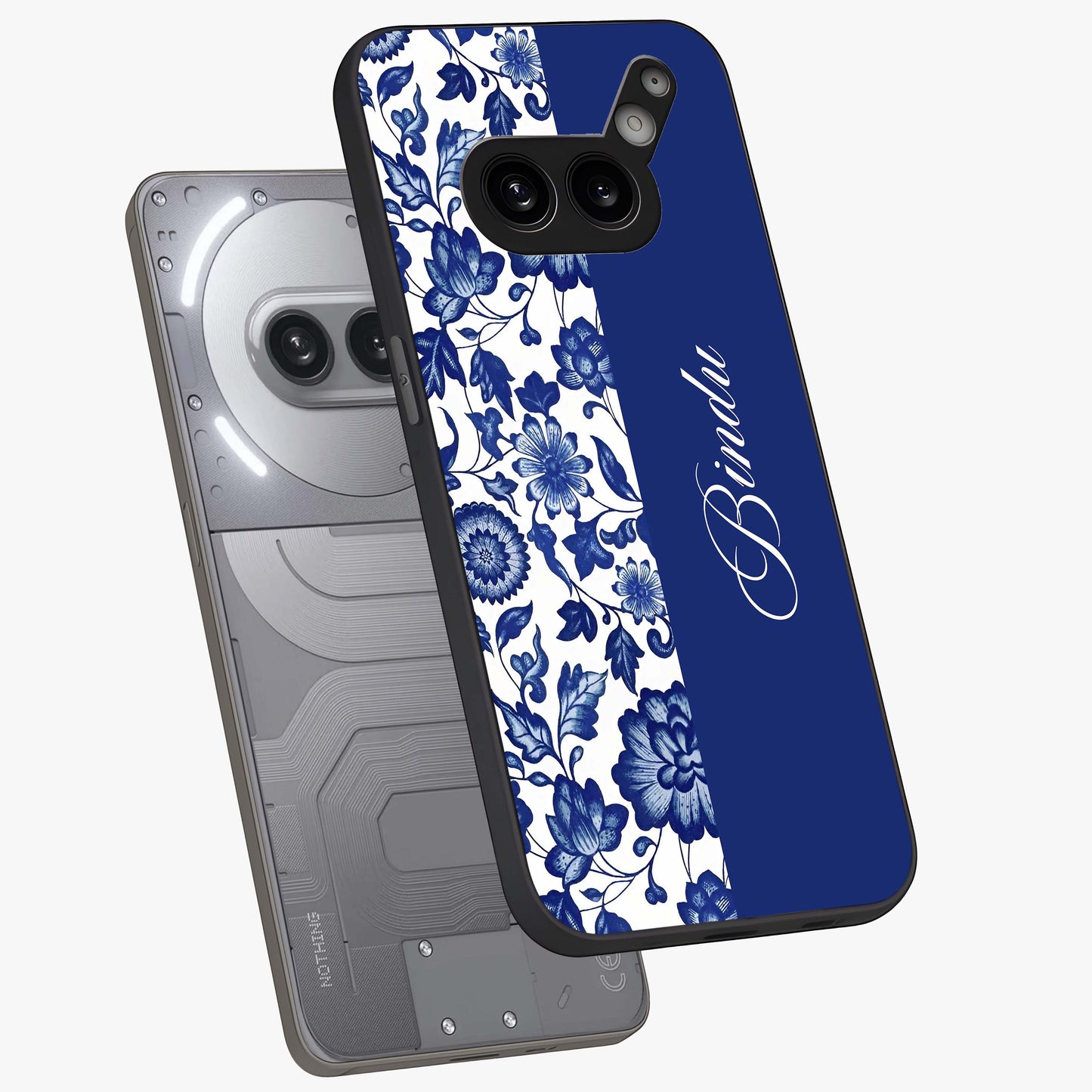 Blue Vintage Floral Pattern Glass Case displayed in angled mockup highlighting subtle bloom pattern with aesthetic pastel design.