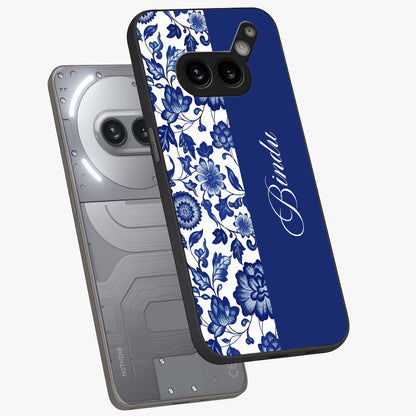 Blue Vintage Floral Pattern Glass Case displayed in angled mockup highlighting subtle bloom pattern with aesthetic pastel design.