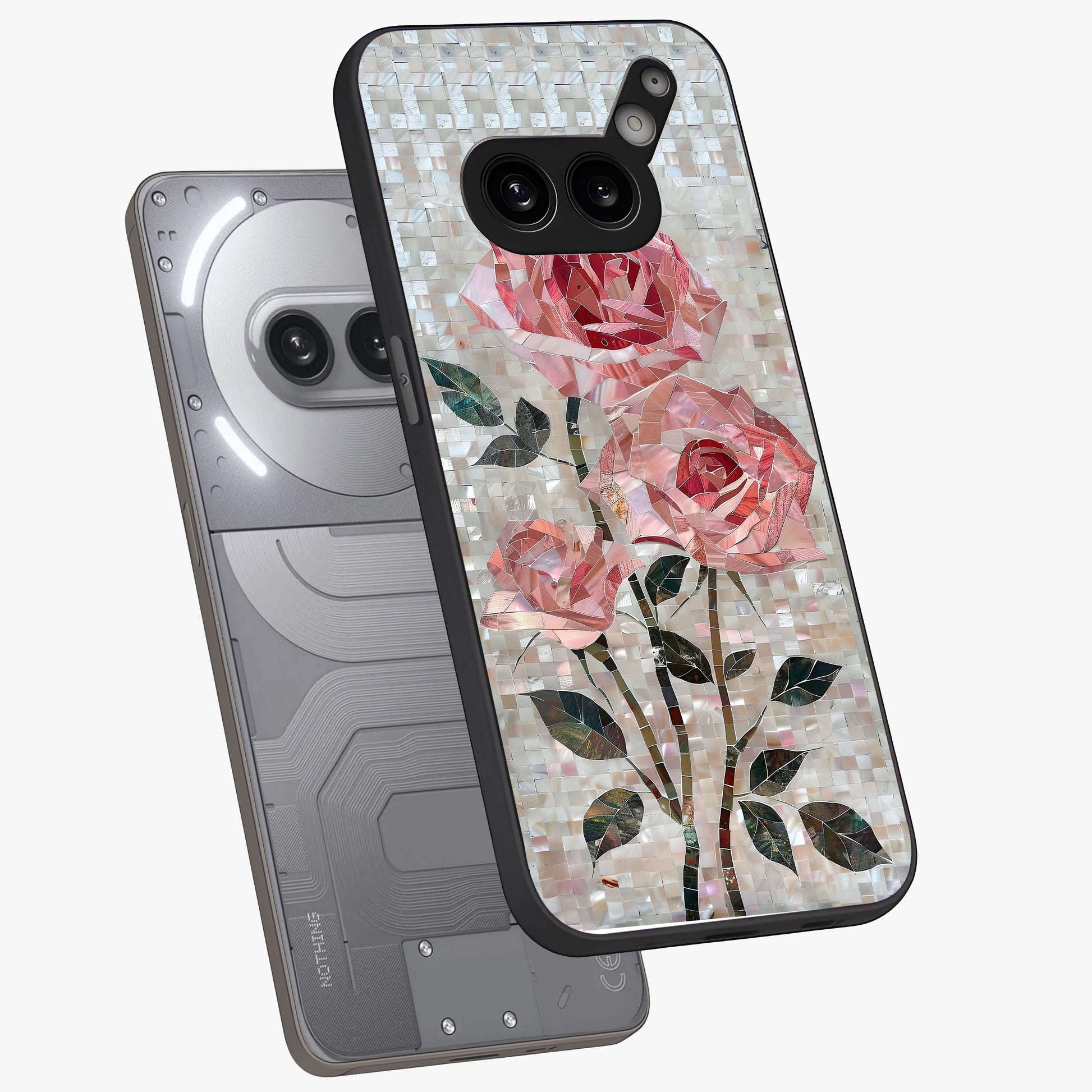 Blush Mosaic Bloom Glass Case displayed in angled mockup highlighting artistic mosaic flower pattern with aesthetic design.