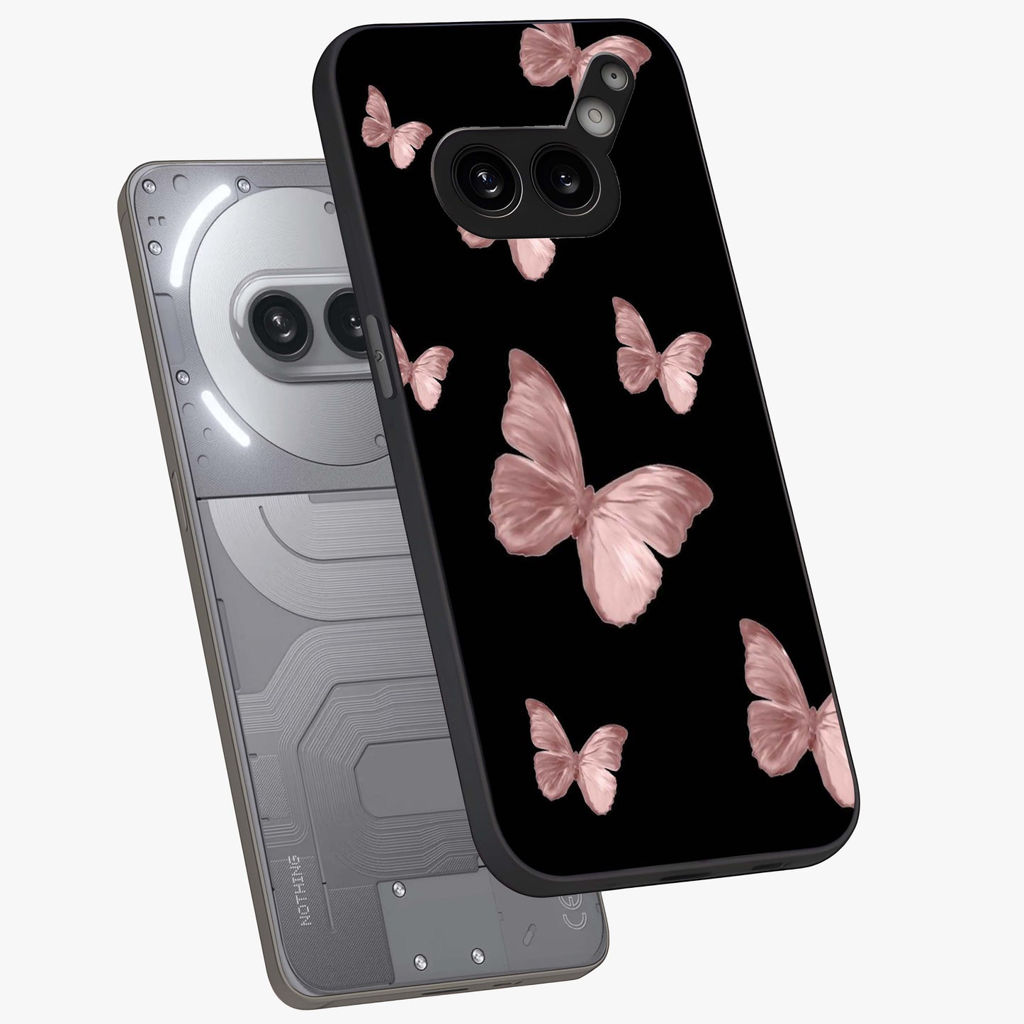Butterfly Pattern Glass Case displayed in angled mockup highlighting delicate butterfly design and aesthetic pattern style.