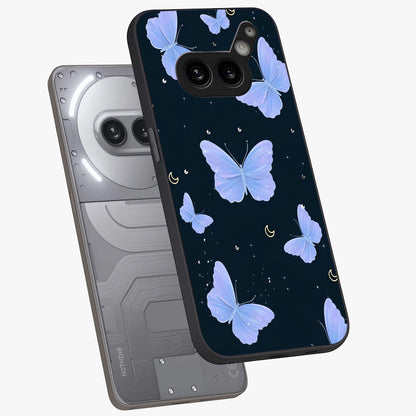 Butterfly With Stars Pattern Glass Case displayed in angled mockup highlighting dreamy butterfly and star design with aesthetic theme.