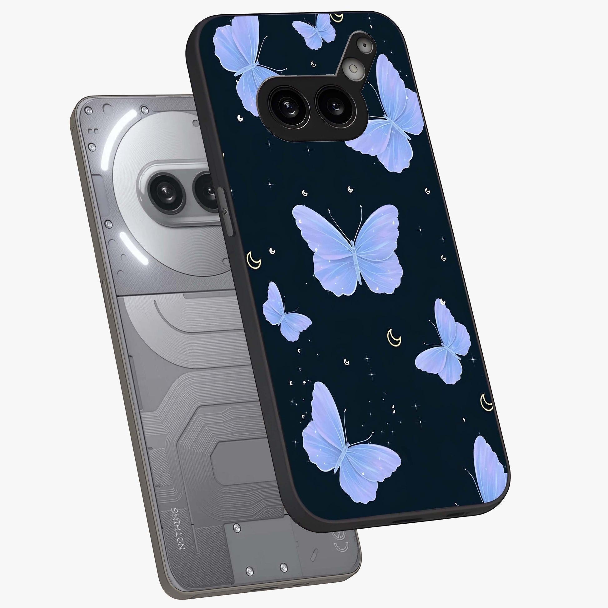 Butterfly With Stars Pattern Glass Case displayed in angled mockup highlighting dreamy butterfly and star design with aesthetic theme.