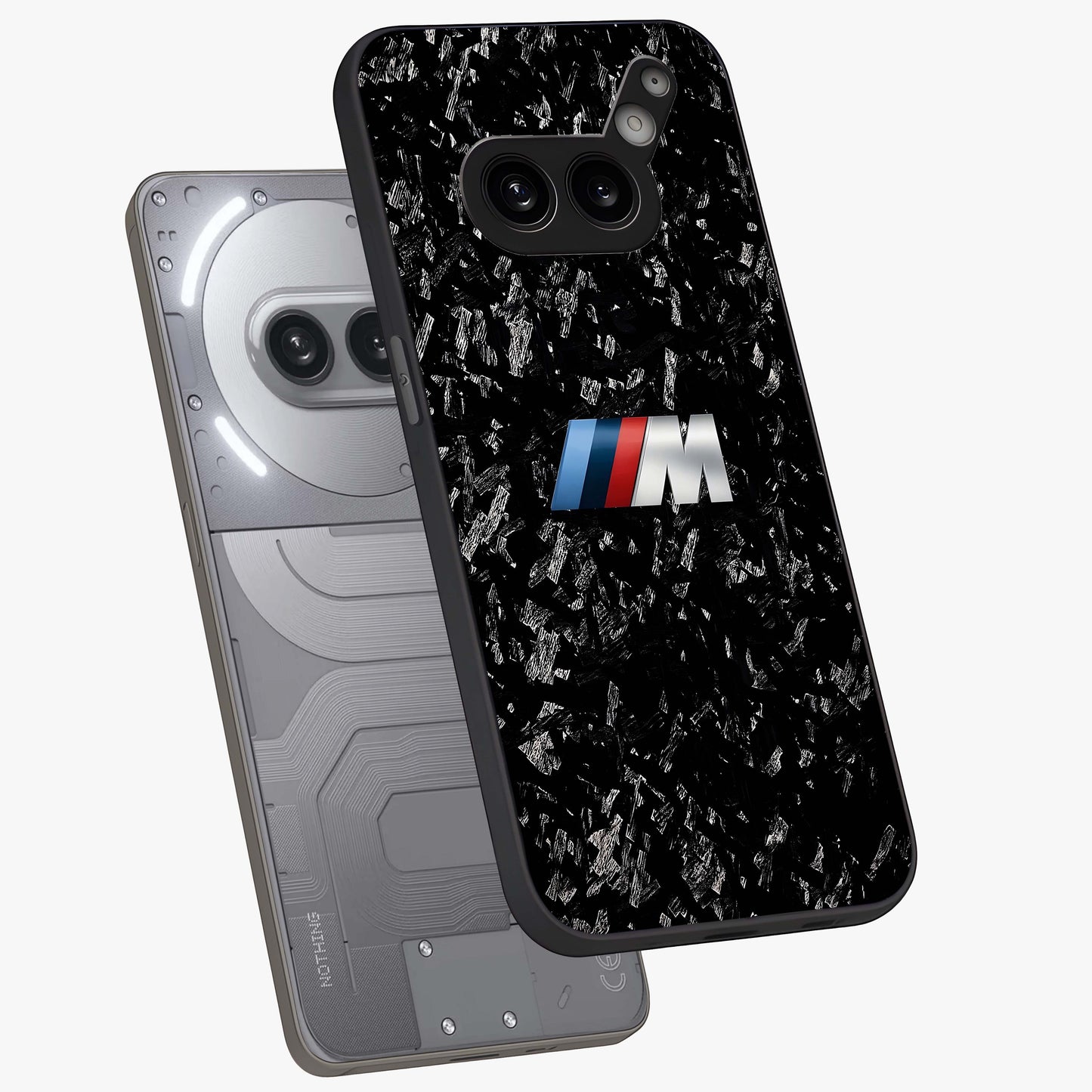 Carbon Speed Mark Glass Case displayed in angled mockup highlighting racing inspired carbon design and sleek aesthetic style.