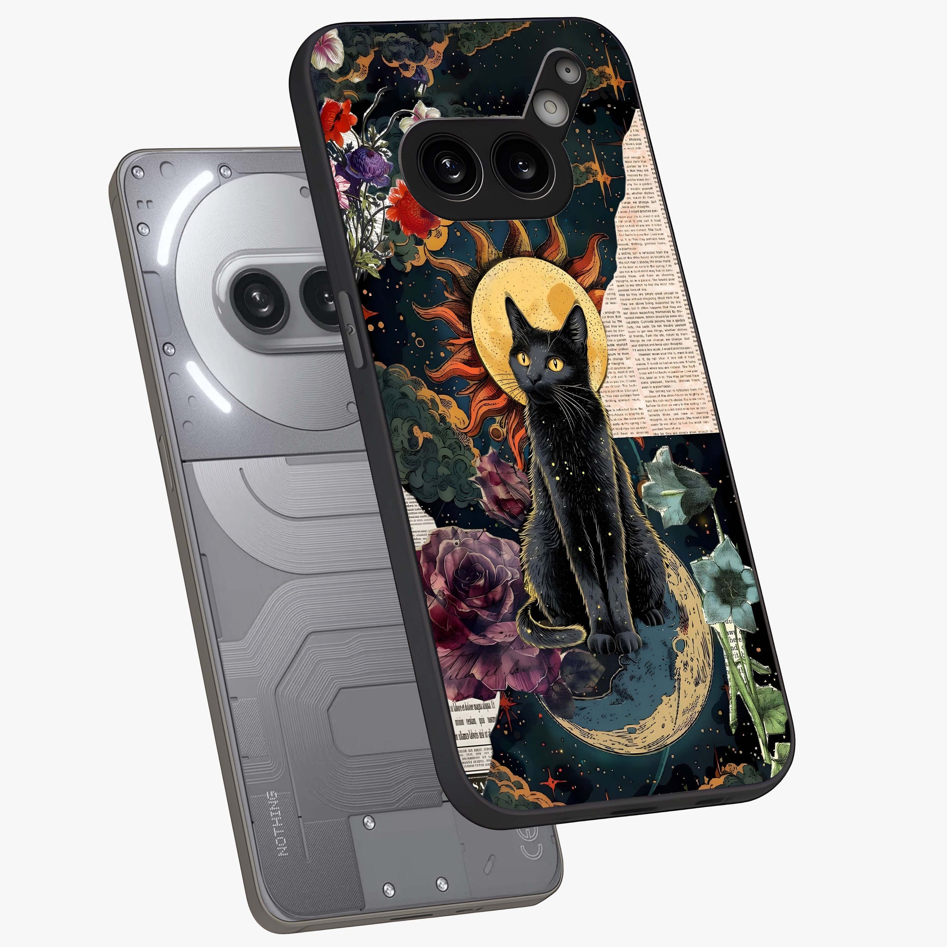 Celestial Black Cat Glass Case displayed in angled mockup highlighting cosmic black cat design with celestial aesthetic.