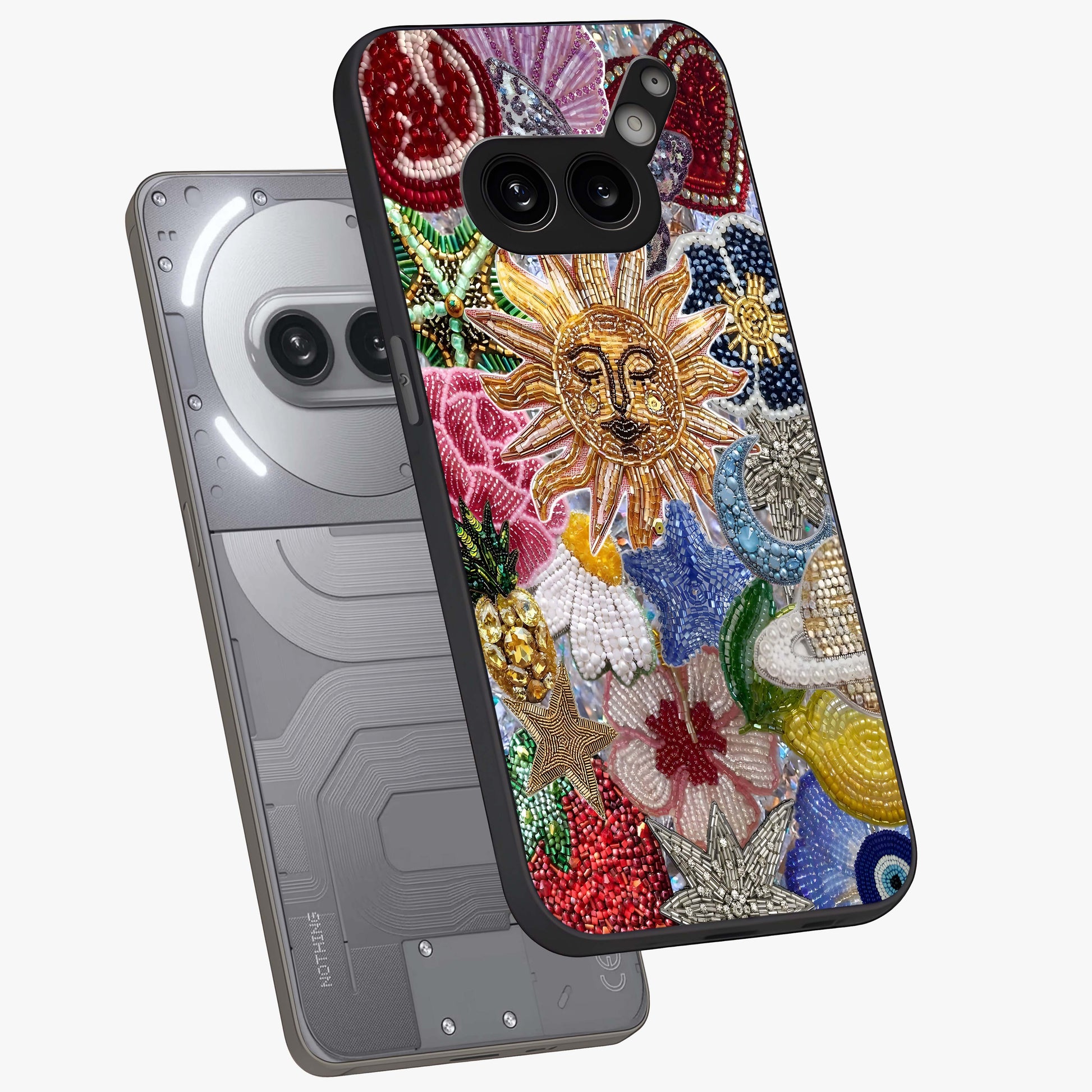 Celestial Floral and Playful Glass Case displayed in angled mockup highlighting playful floral design with dreamy celestial elements.