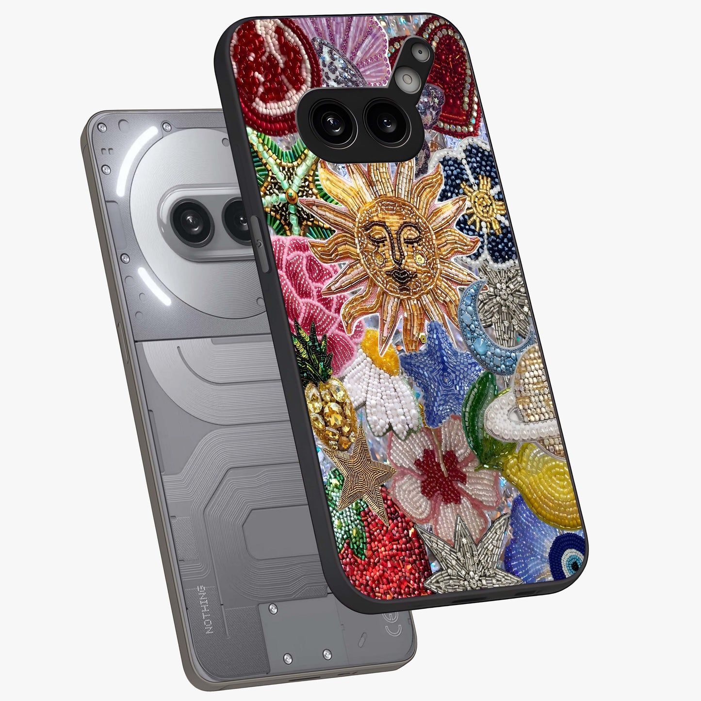 Celestial Floral and Playful Glass Case displayed in angled mockup highlighting playful floral design with dreamy celestial elements.