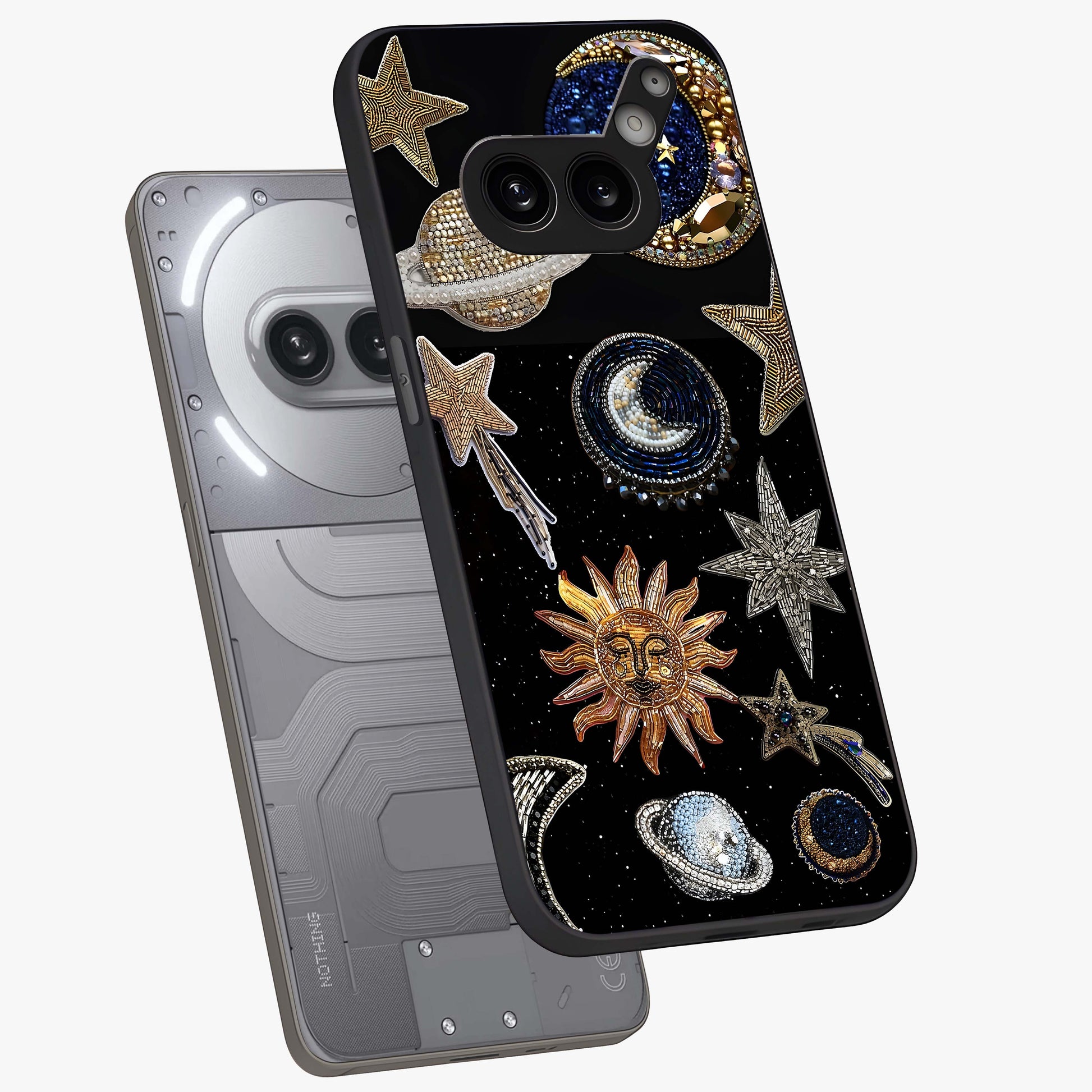 Celestial Gem Constellations Glass Case displayed in angled mockup highlighting gemstone inspired constellation design.