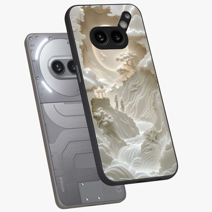 Celestial Origami Glass Case displayed in angled mockup highlighting geometric origami design with cosmic aesthetic theme.