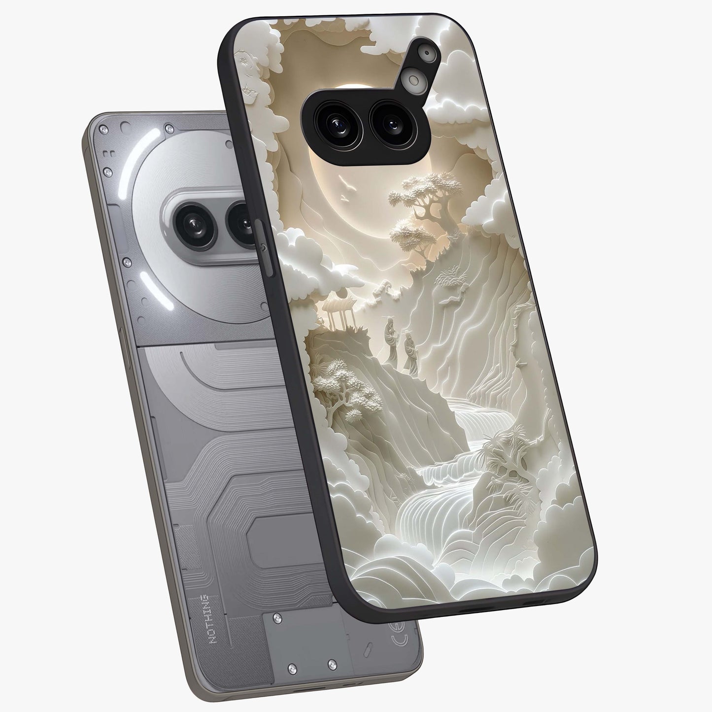 Celestial Origami Glass Case displayed in angled mockup highlighting geometric origami design with cosmic aesthetic theme.