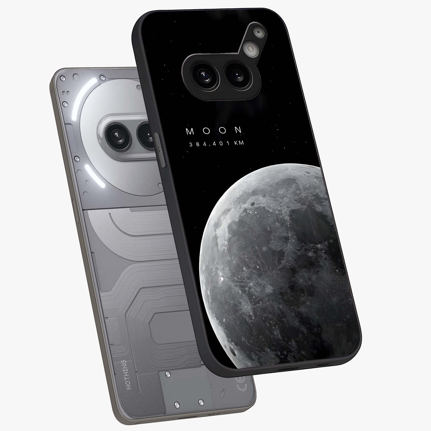 Cosmic Moon Glow Glass Case displayed in angled mockup highlighting celestial moon design with cosmic aesthetic theme.