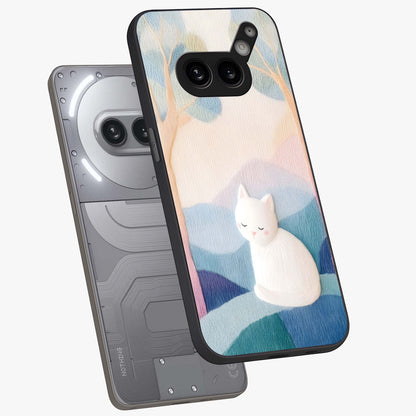 Cotton Dream Cat Glass Case displayed in angled mockup highlighting cute feline illustration with pastel aesthetic style.