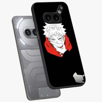 Crimson Chaos Smile Glass Case displayed in angled mockup highlighting edgy crimson smile design with graphic aesthetic.