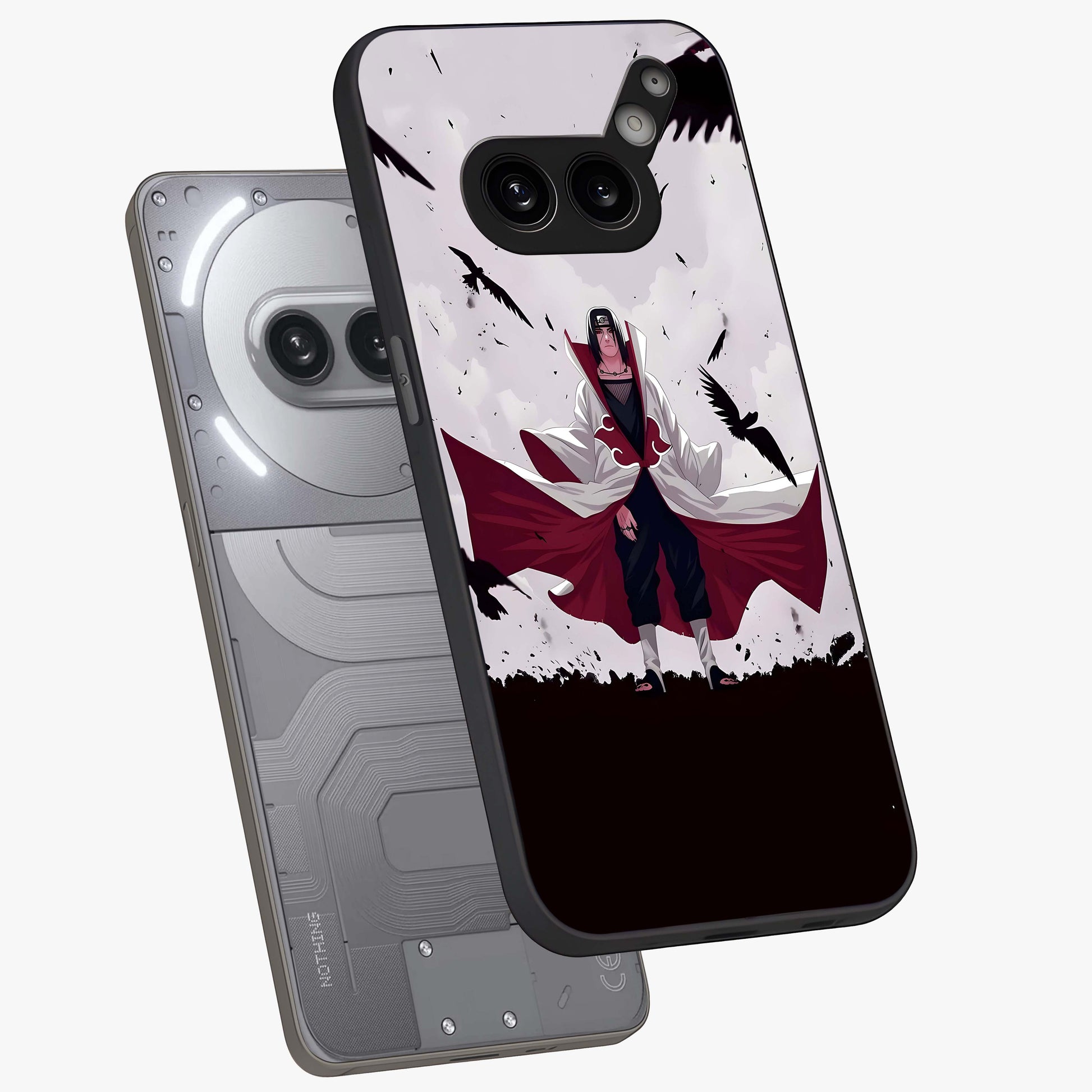 Crimson Crow Ascension Glass Case displayed in angled mockup highlighting powerful crow illustration with dark crimson aesthetic.