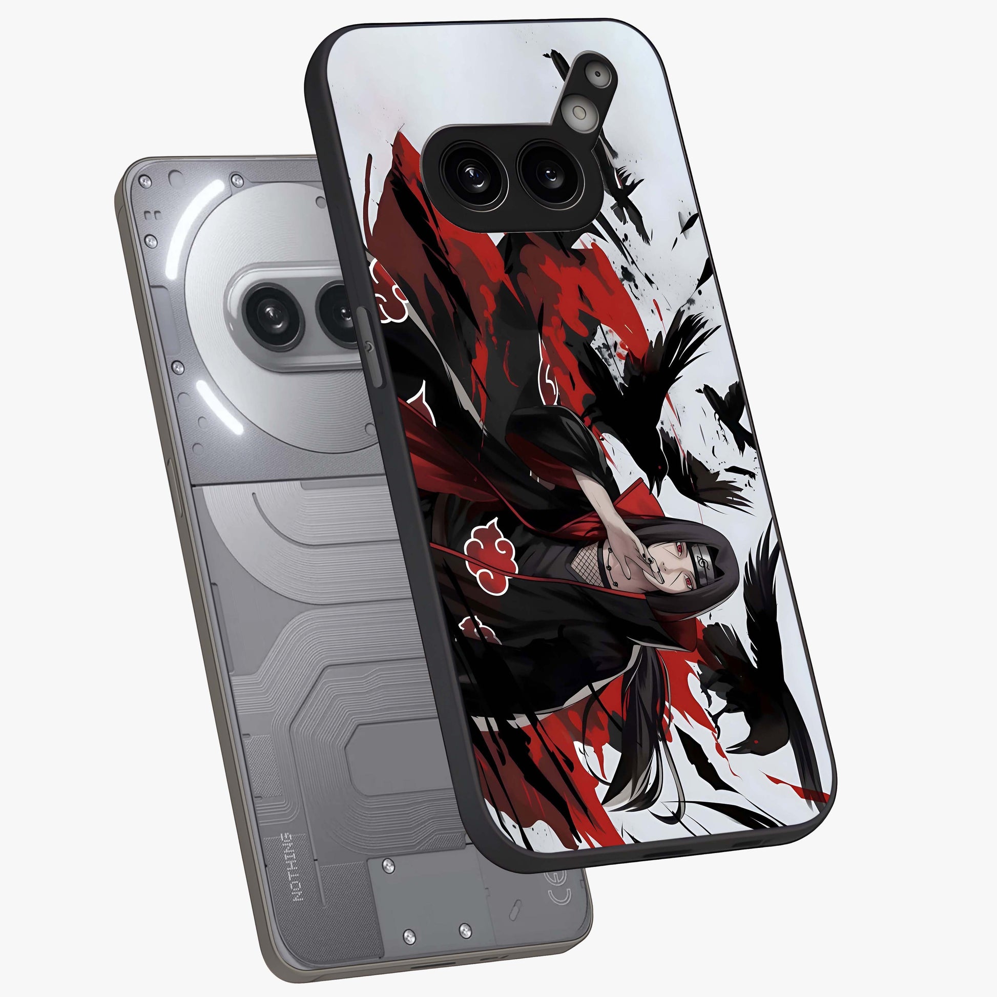 Crimson Crow Illusion Glass Case displayed in angled mockup highlighting mysterious crow graphic with dark aesthetic style.