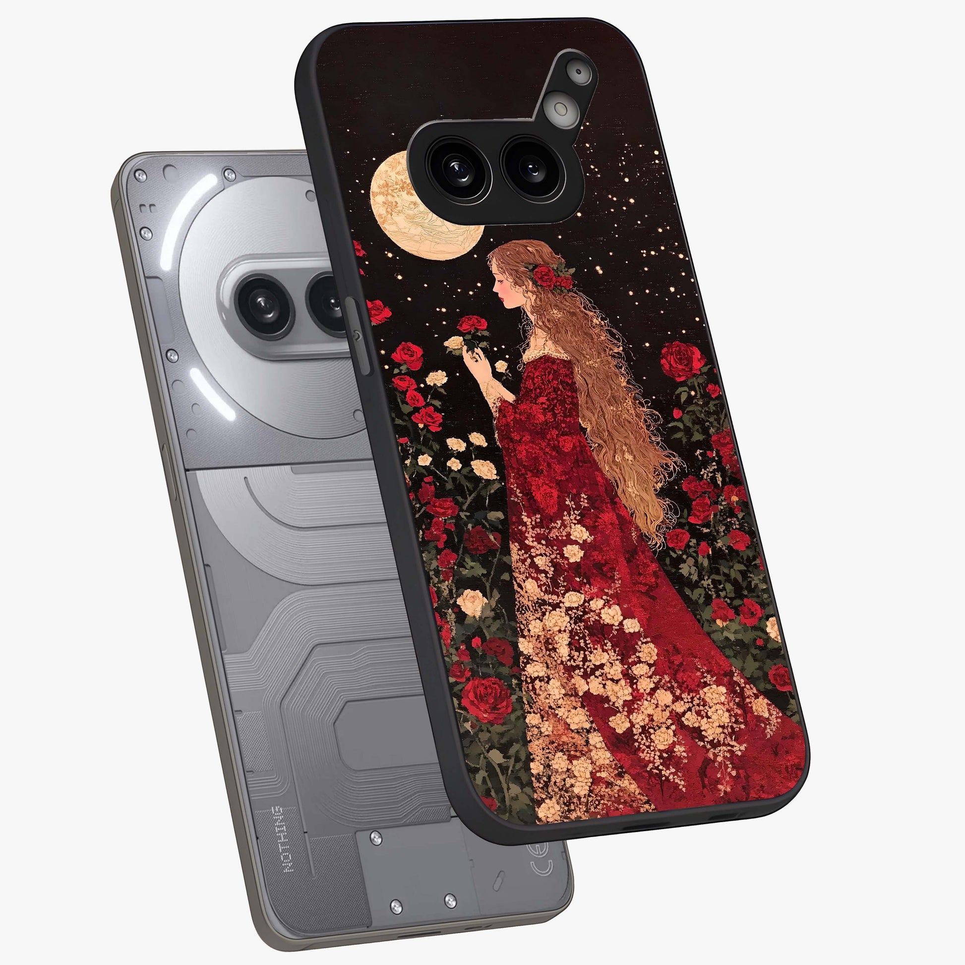 Crimson Dreams Glass Case displayed in angled mockup highlighting soft crimson aesthetic design with artistic theme.