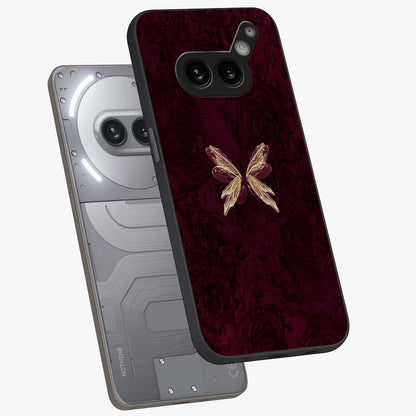 Crimson Fade Butterfly Glass Case displayed in angled mockup highlighting elegant butterfly design with crimson gradient aesthetic.