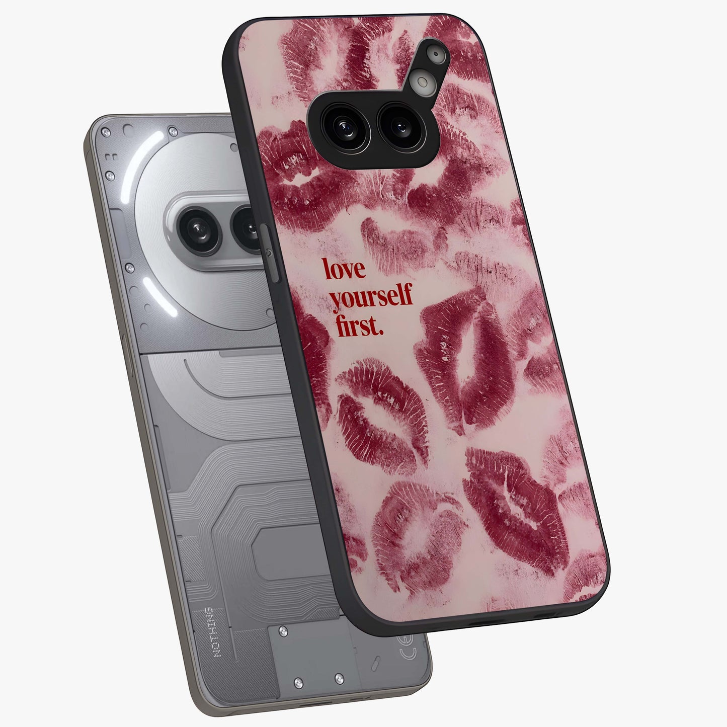 Crimson Kiss Love Glass Case displayed in angled mockup highlighting bold love inspired design with modern aesthetic style.