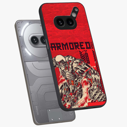 Crimson Mecha Titan Glass Case displayed in angled mockup highlighting futuristic mech illustration with bold crimson aesthetic.