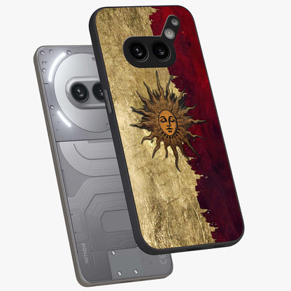 Crimson Sun Majesty Glass Case displayed in angled mockup highlighting majestic crimson sun design with bold aesthetic style.