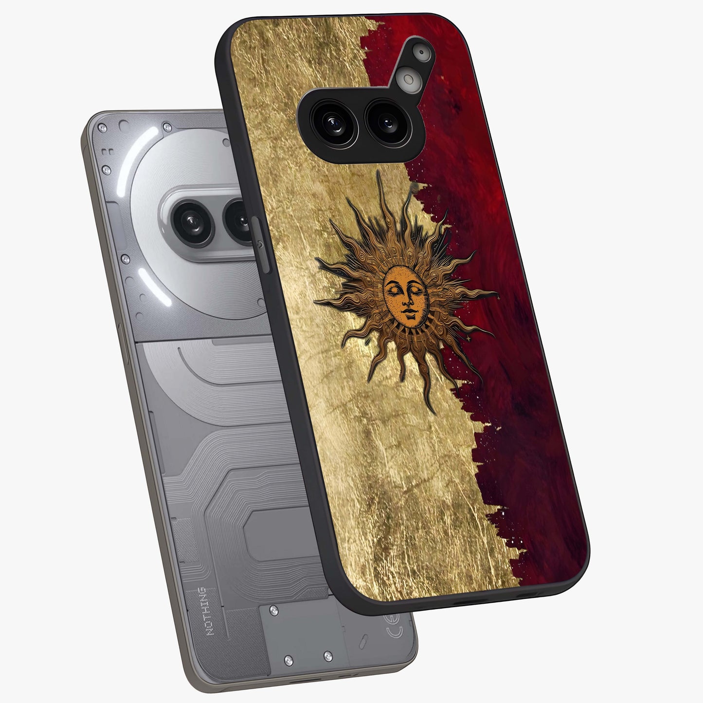 Crimson Sun Majesty Glass Case displayed in angled mockup highlighting majestic crimson sun design with bold aesthetic style.