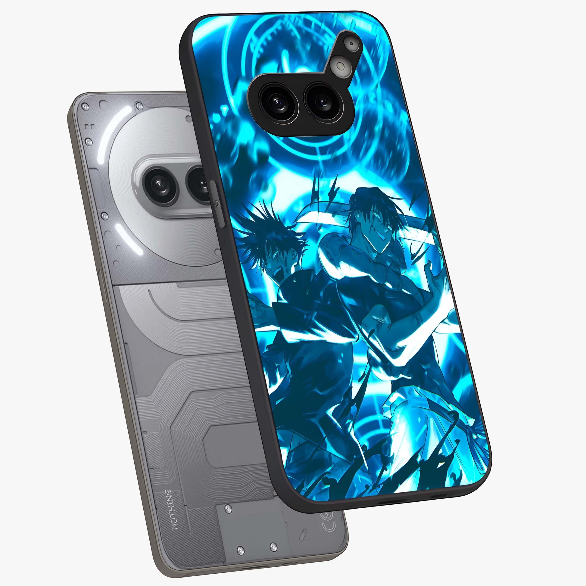 Cursed Energy Clash Glass Case displayed in angled mockup highlighting powerful battle inspired graphic with anime style aesthetic.