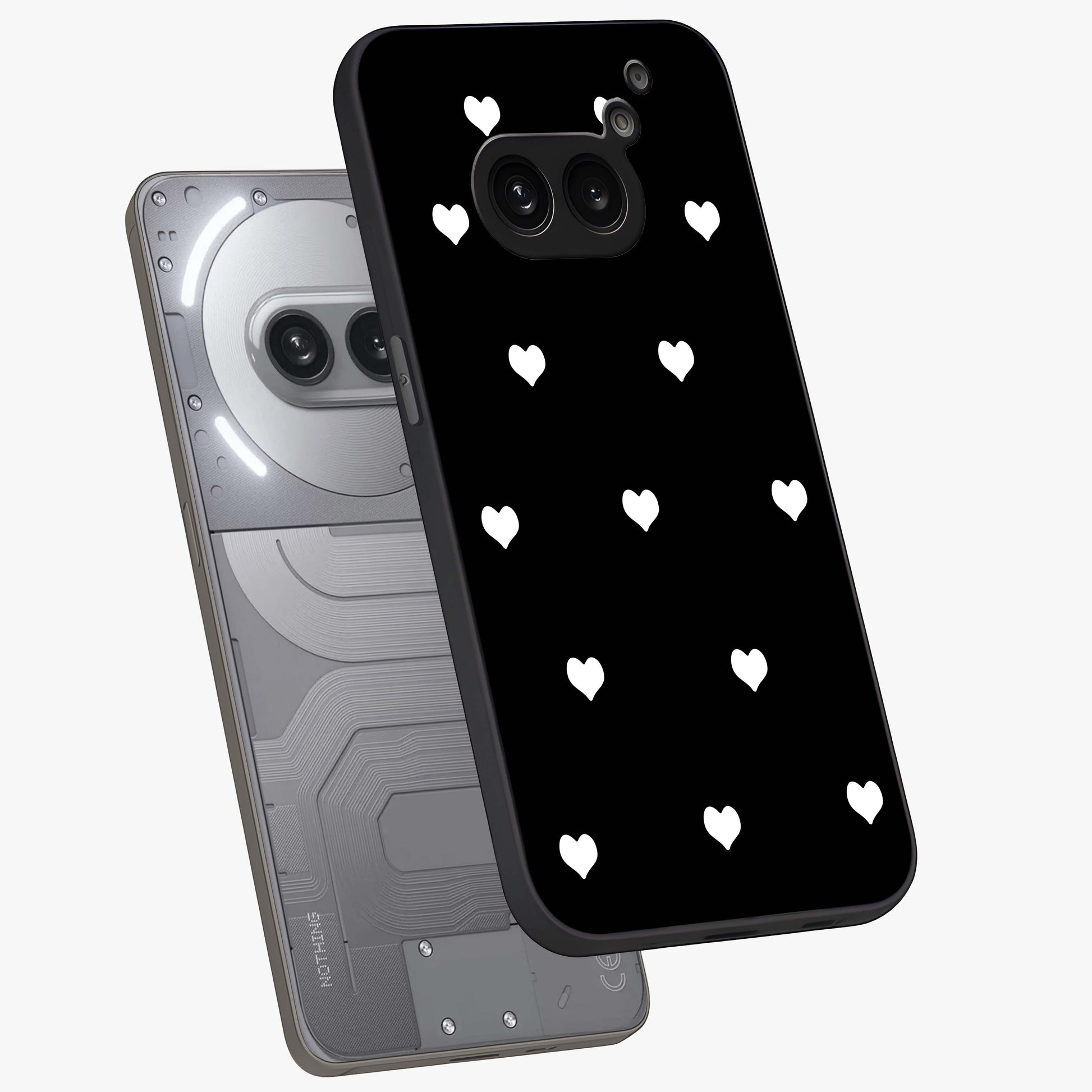 Cute And Simple White Hearts Glass Case displayed in angled mockup highlighting cute heart design with clean aesthetic style.