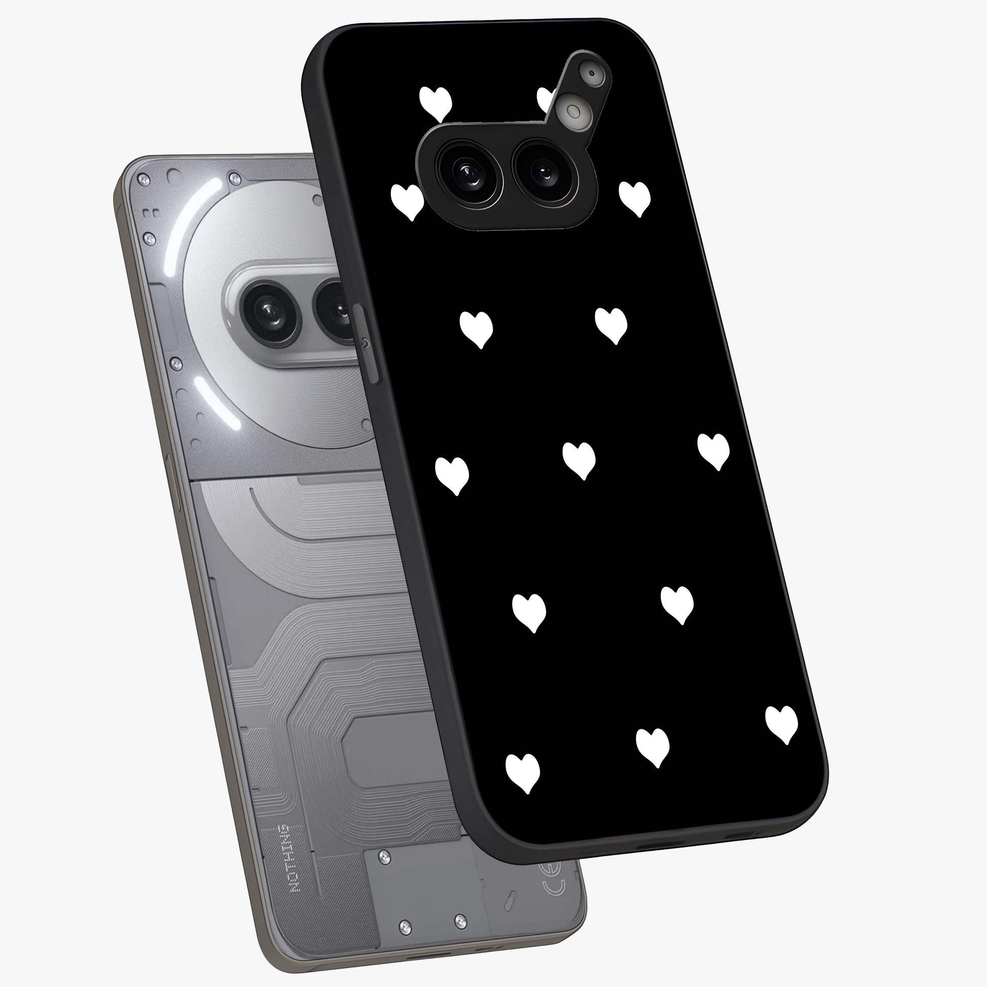 Cute And Simple White Hearts Glass Case displayed in angled mockup highlighting cute heart design with clean aesthetic style.