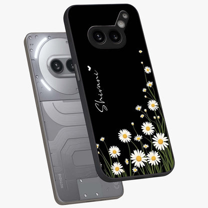 Daisy Cascade Custom Name Glass Case displayed in angled mockup highlighting delicate daisy artwork with custom name feature.