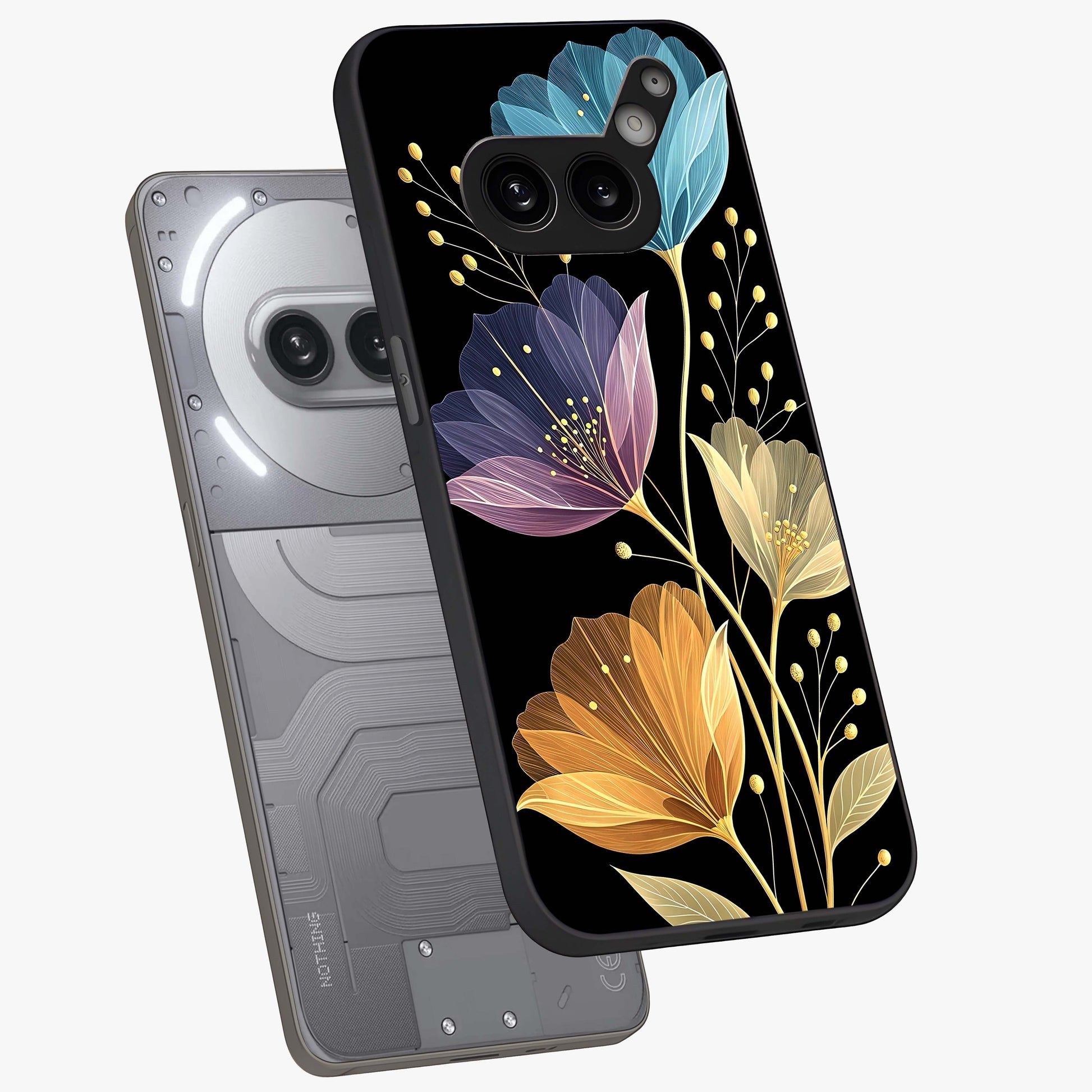 Delicate Multicolor Flowers Glass Case displayed in angled mockup highlighting colorful flower pattern with soft aesthetic style.