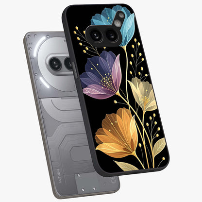 Delicate Multicolor Flowers Glass Case displayed in angled mockup highlighting colorful flower pattern with soft aesthetic style.