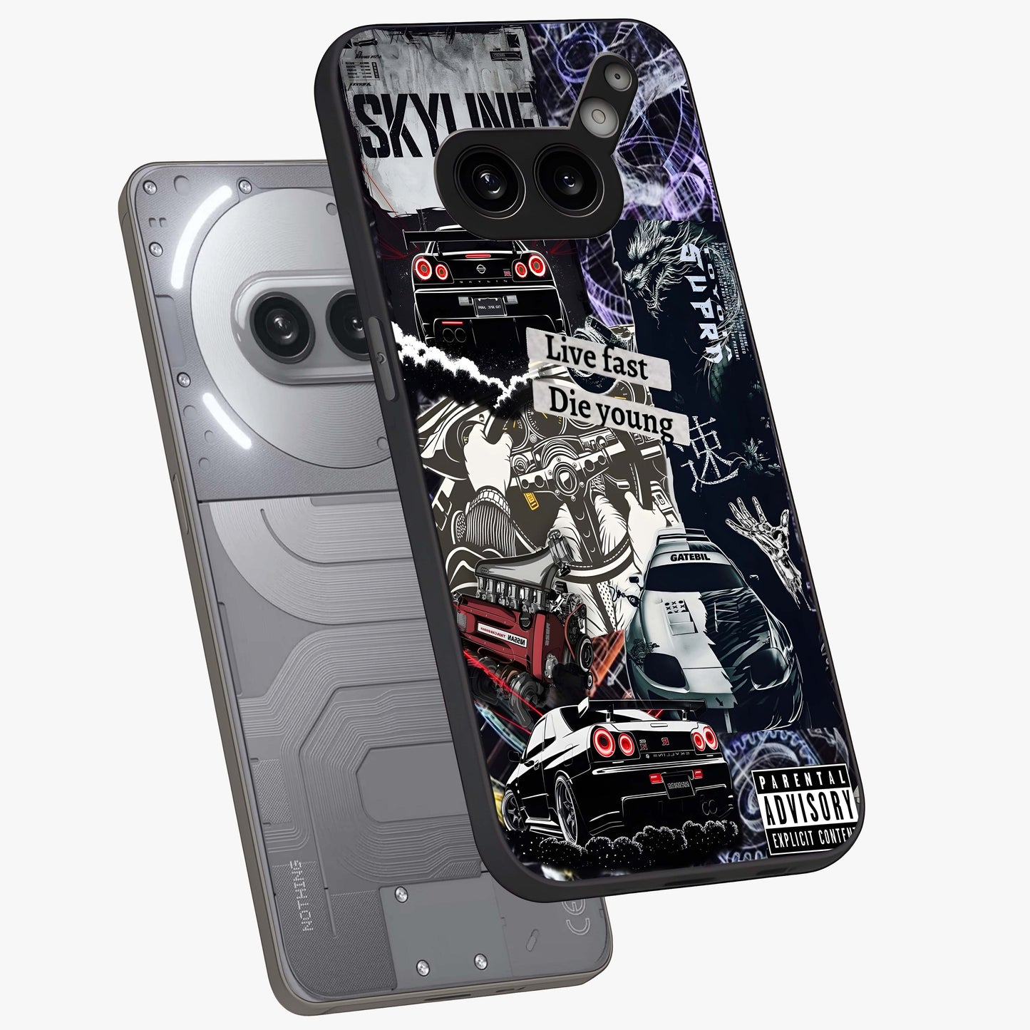 Die Young Glass Case displayed in angled mockup highlighting expressive graphic artwork with edgy aesthetic style.
