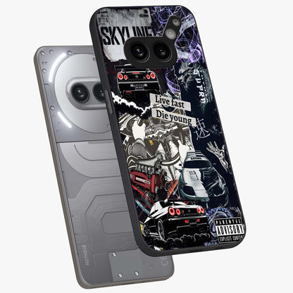 Die Young Glass Case displayed in angled mockup highlighting expressive graphic artwork with edgy aesthetic style.