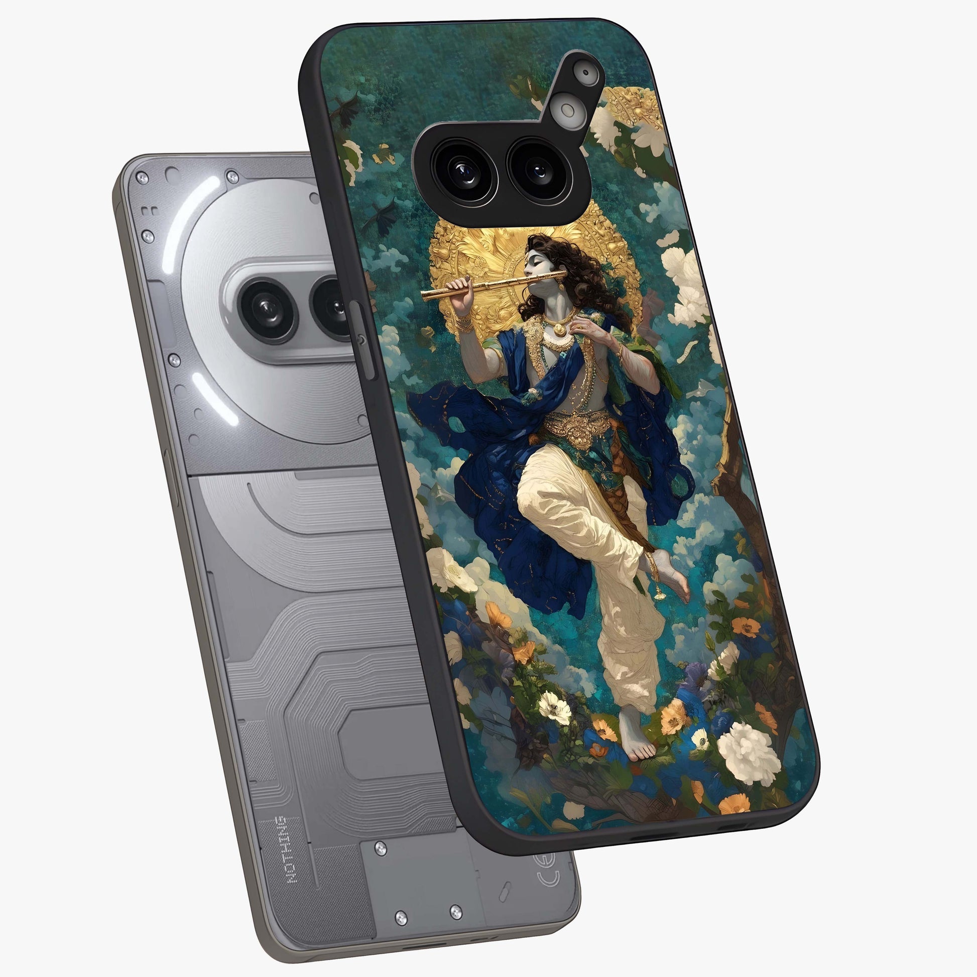 Divine Krishna Art Glass Case displayed in angled mockup highlighting spiritual Krishna illustration with devotional aesthetic.