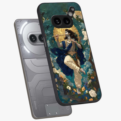 Divine Krishna Art Glass Case displayed in angled mockup highlighting spiritual Krishna illustration with devotional aesthetic.