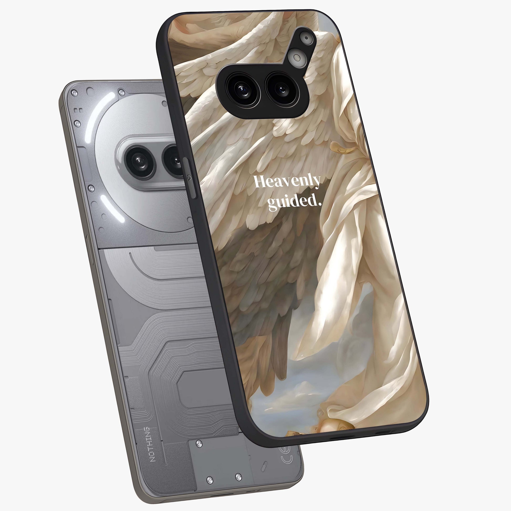 Divine Winged Grace Glass Case displayed in angled mockup highlighting graceful wing design with divine aesthetic style.