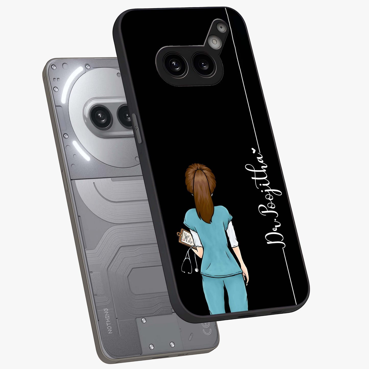 Doctor Pattern Custom Name Glass Case displayed in angled mockup highlighting doctor inspired artwork with custom name feature.