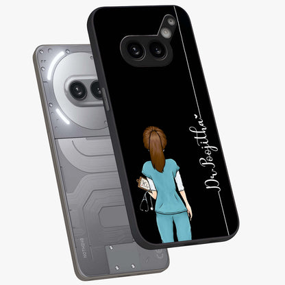 Doctor Pattern Custom Name Glass Case displayed in angled mockup highlighting doctor inspired artwork with custom name feature.