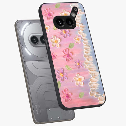 Dreamy Painted Garden Glass Case displayed in angled mockup highlighting colorful garden illustration with dreamy aesthetic style.