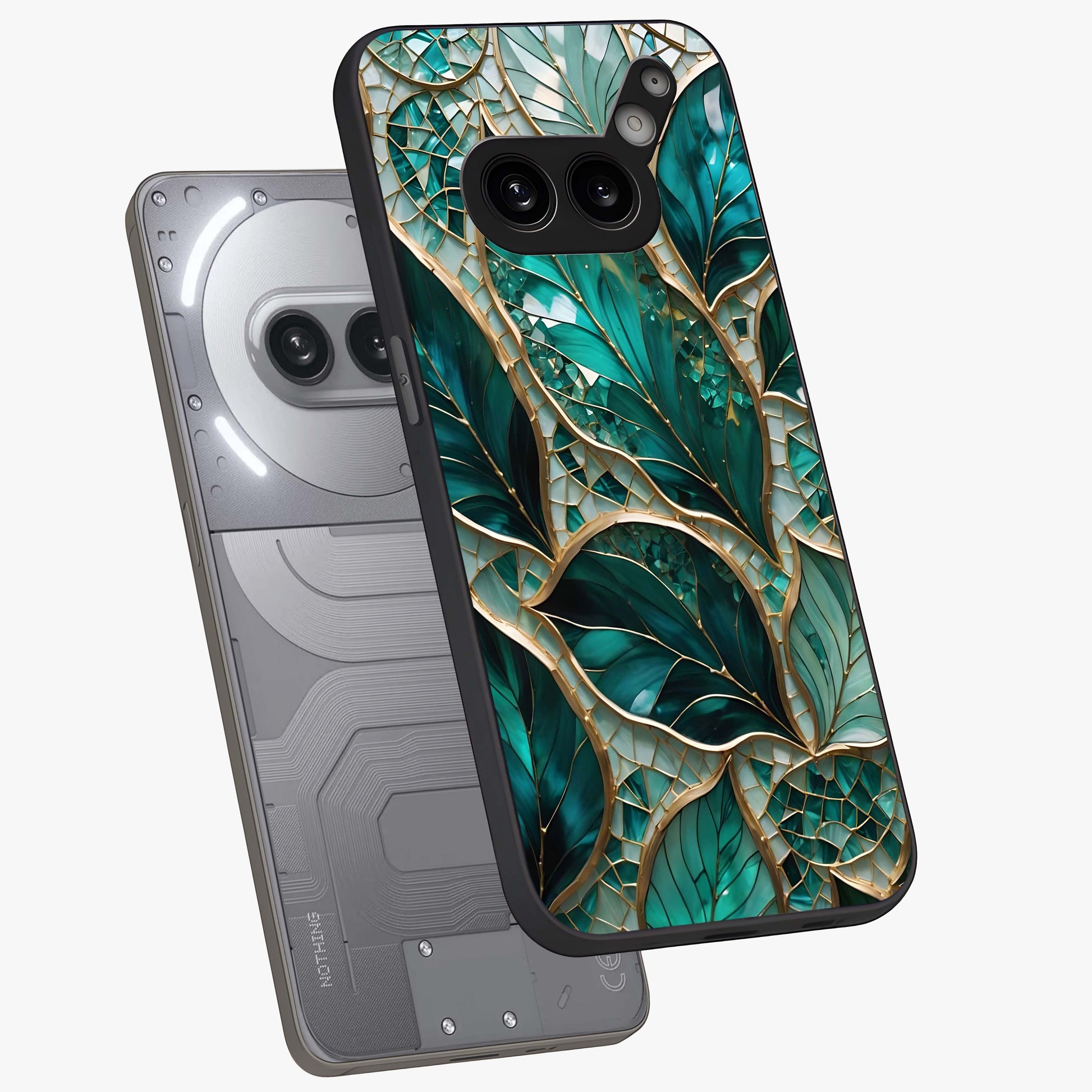 Emerald Leaf Glass Glass Case displayed in angled mockup highlighting botanical leaf illustration with elegant natural aesthetic.