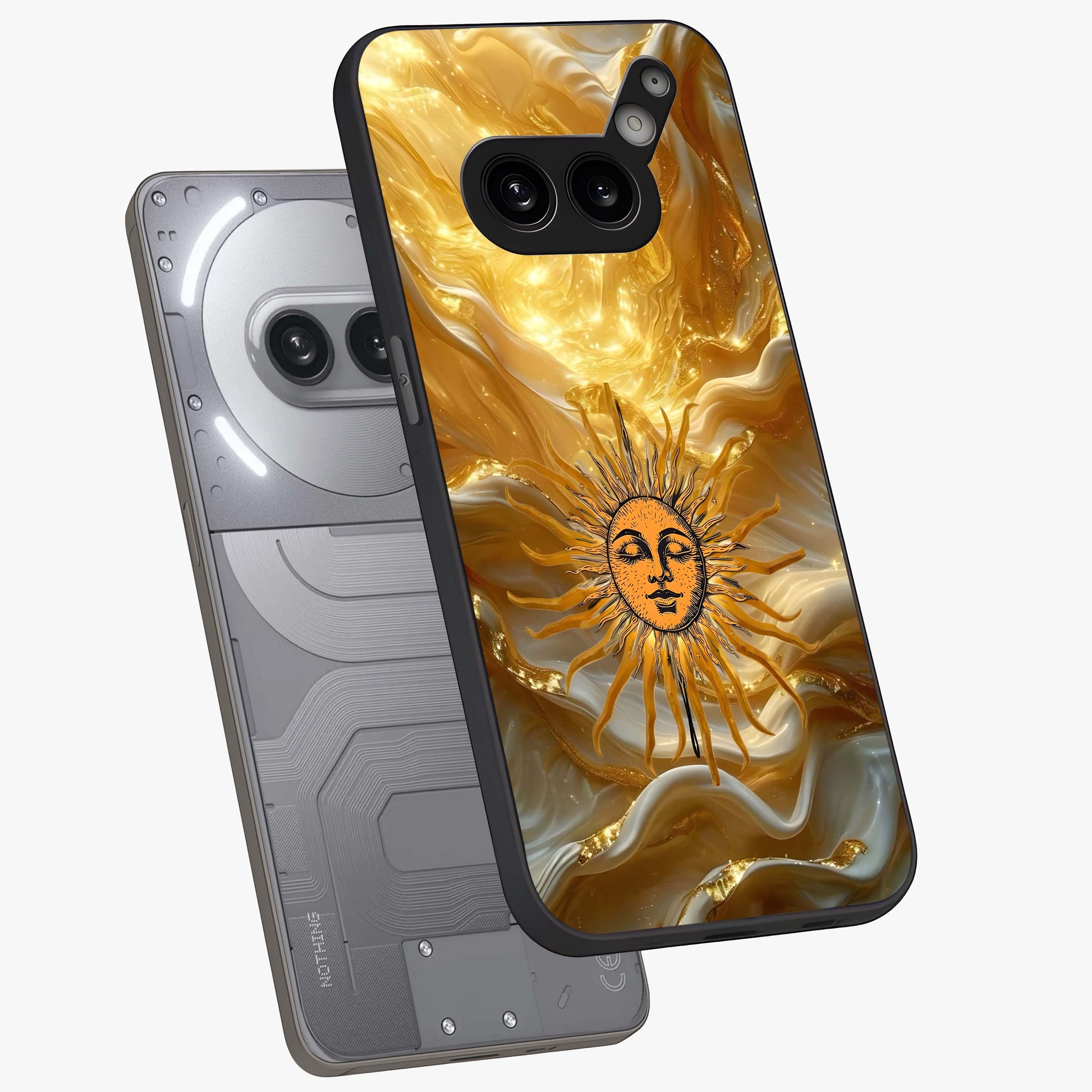 Eternal Golden Glow Glass Case displayed in angled mockup highlighting glowing golden aesthetic design with elegant style.