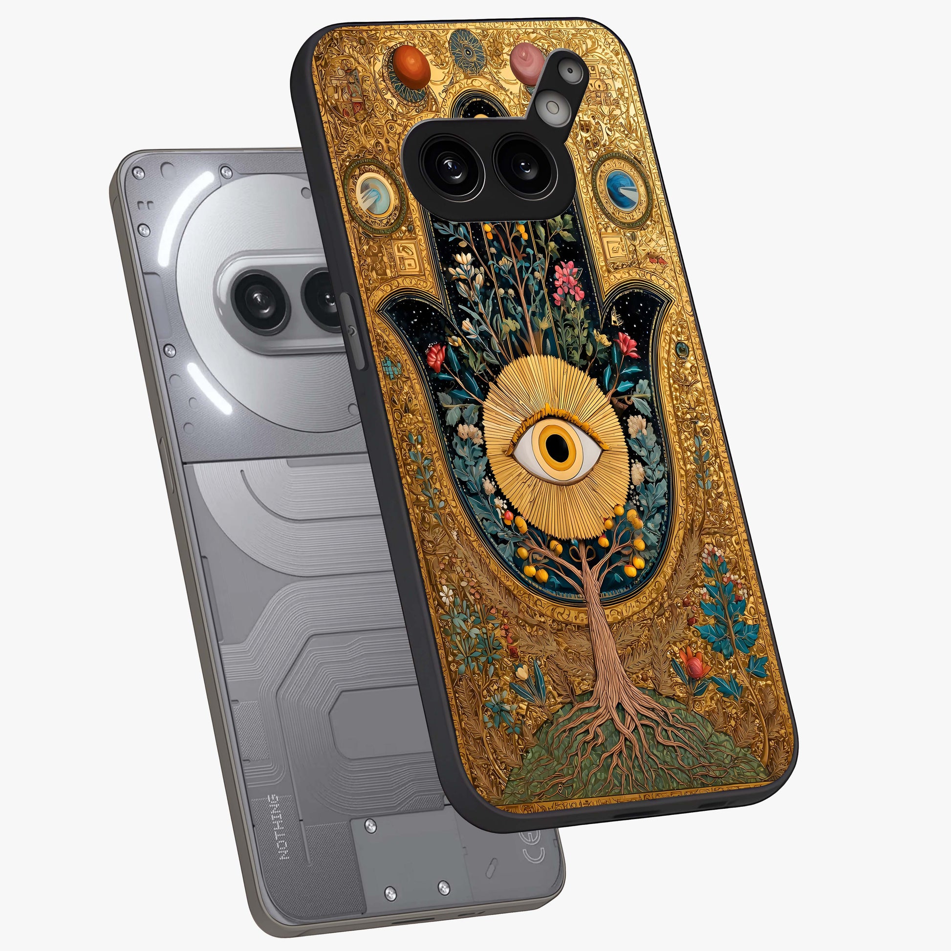 Ethereal Evil Eye Glass Case displayed in angled mockup highlighting protective evil eye symbol with spiritual aesthetic design.