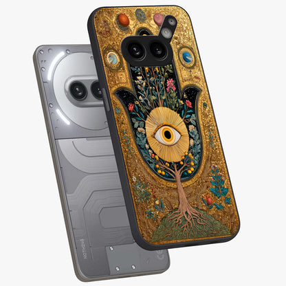 Ethereal Evil Eye Glass Case displayed in angled mockup highlighting protective evil eye symbol with spiritual aesthetic design.