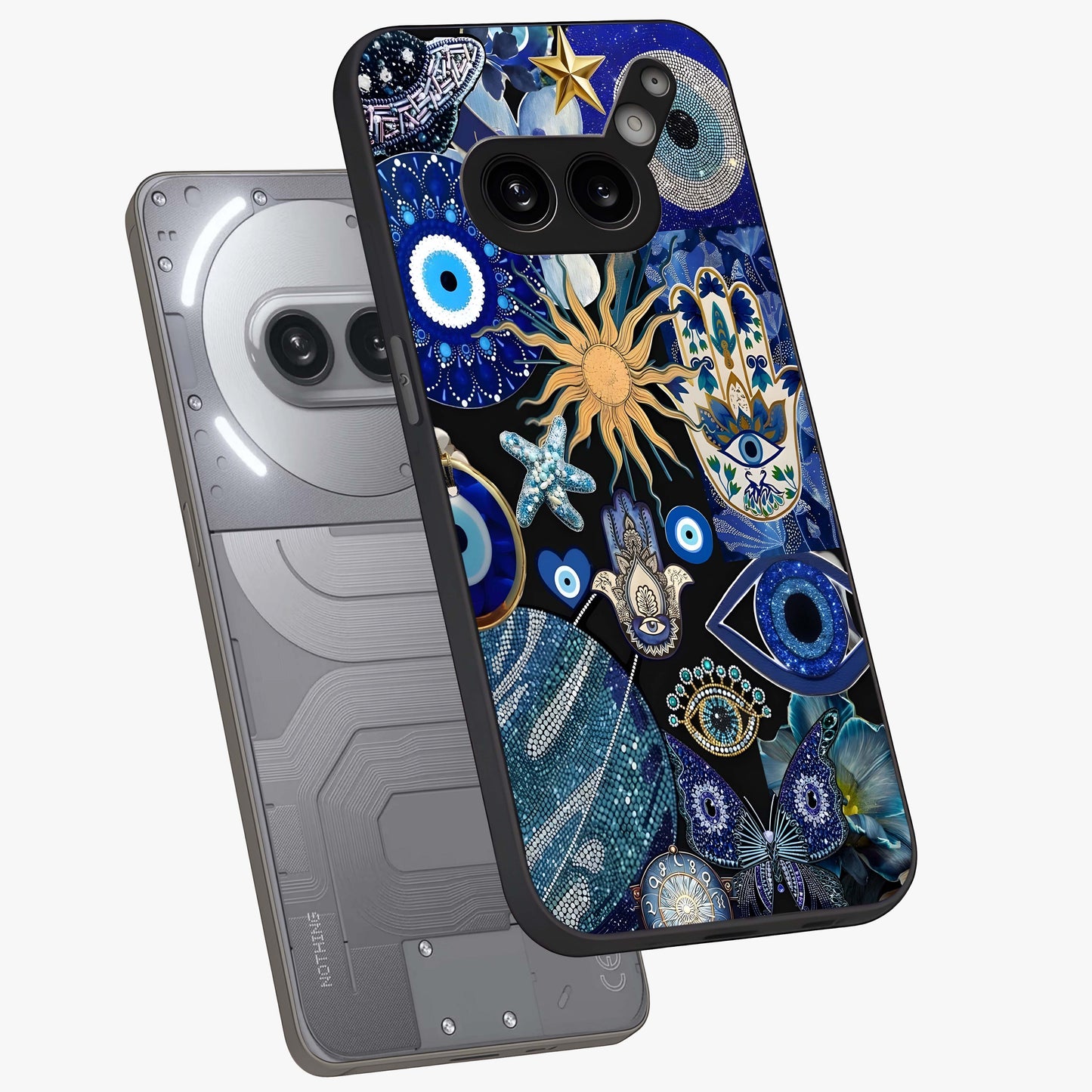 Evil Eye Charm Mix Glass Case displayed in angled mockup highlighting protective evil eye symbols with spiritual aesthetic design.