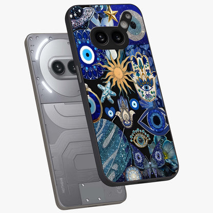 Evil Eye Charm Mix Glass Case displayed in angled mockup highlighting protective evil eye symbols with spiritual aesthetic design.