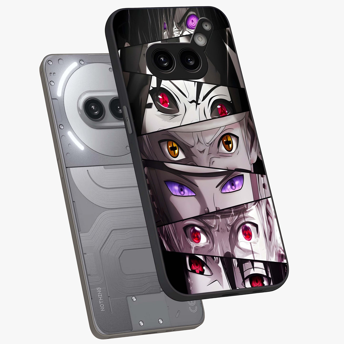 Eyes of Destiny Glass Case displayed in angled mockup highlighting bold eye illustration with mystical aesthetic style.