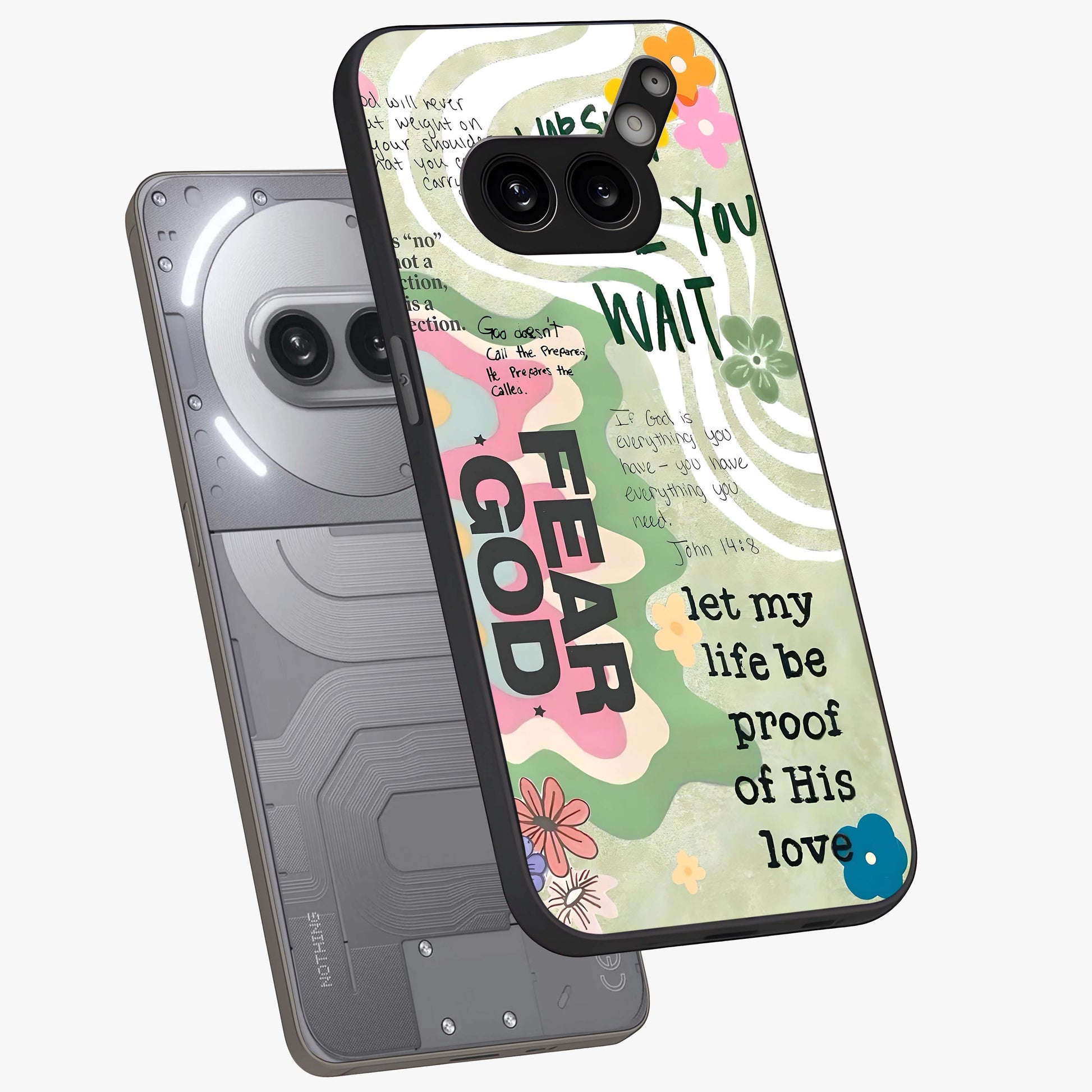 Faith Over Fear Glass Case displayed in angled mockup highlighting inspirational message design with modern aesthetic style.