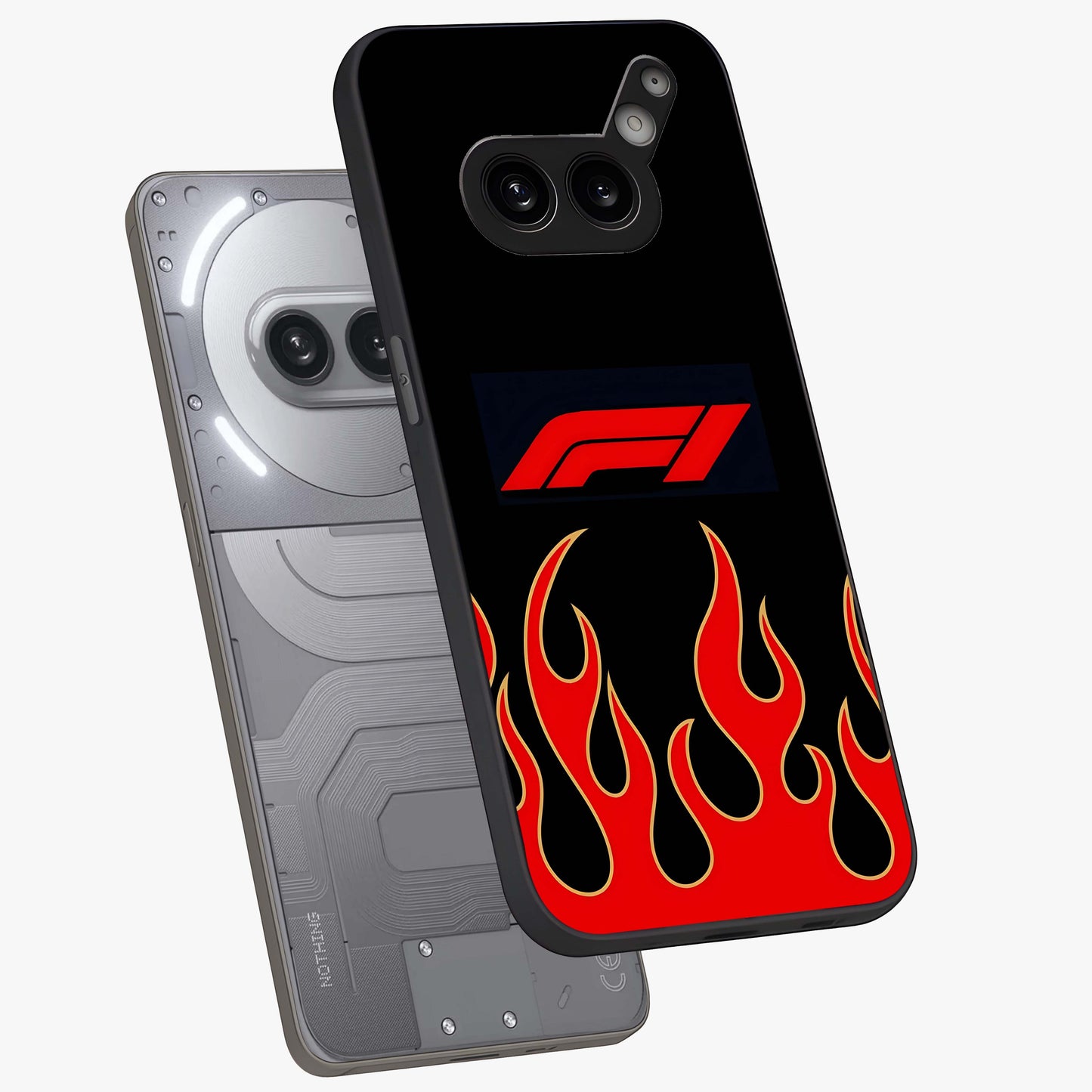 Fire F11 Glass Case displayed in angled mockup highlighting bold fire inspired graphic with energetic aesthetic style.