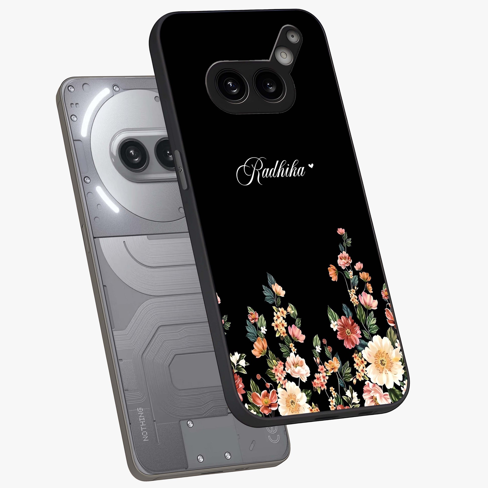 Floral Design With a Custom Personalized Name Glass Case displayed in angled mockup highlighting elegant floral pattern with custom name feature.